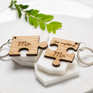 Jigsaw Oak Keyring Mr & Mr 'You Complete Me' Wooden Keyring Same Sex Couple's Key Chain Ring Gift, Civil Partnership Ceremony, Gay, Perfect for Valentine's Day, Wedding, Anniversary…