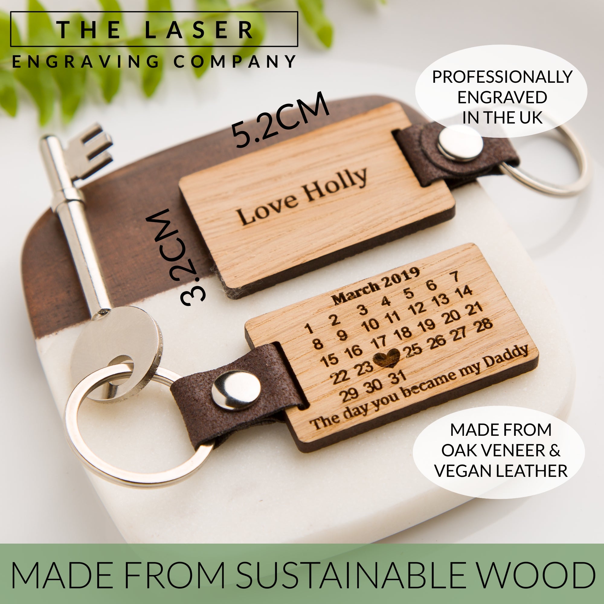 Personalised 'I Love You' Wooden Keyring PU Vegan Leather