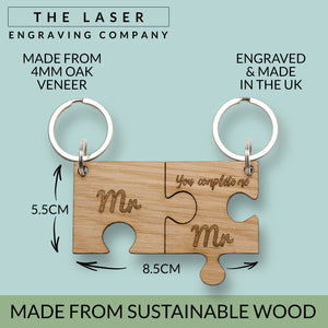 Jigsaw Oak Keyring Mr & Mr 'You Complete Me' Wooden Keyring Same Sex Couple's Key Chain Ring Gift, Civil Partnership Ceremony, Gay, Perfect for Valentine's Day, Wedding, Anniversary…