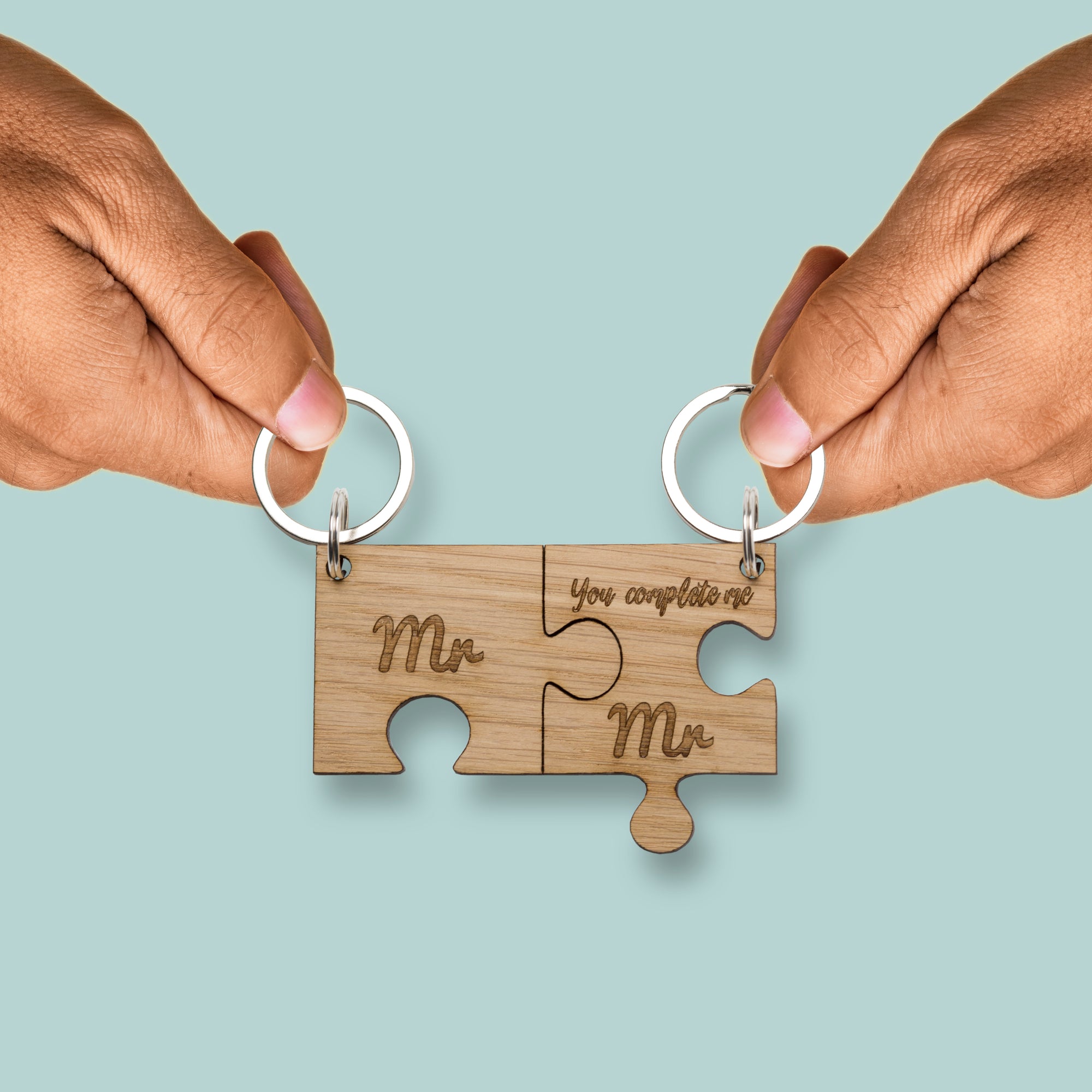 Jigsaw Oak Keyring Mr & Mr 'You Complete Me' Wooden Keyring Same Sex Couple's Key Chain Ring Gift, Civil Partnership Ceremony, Gay, Perfect for Valentine's Day, Wedding, Anniversary…