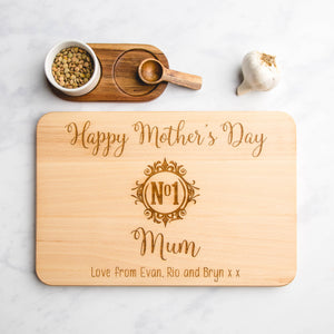 Mother's Day Gifts 'No 1 Mum' Monogram Personalised Engraved Wooden Chopping Board