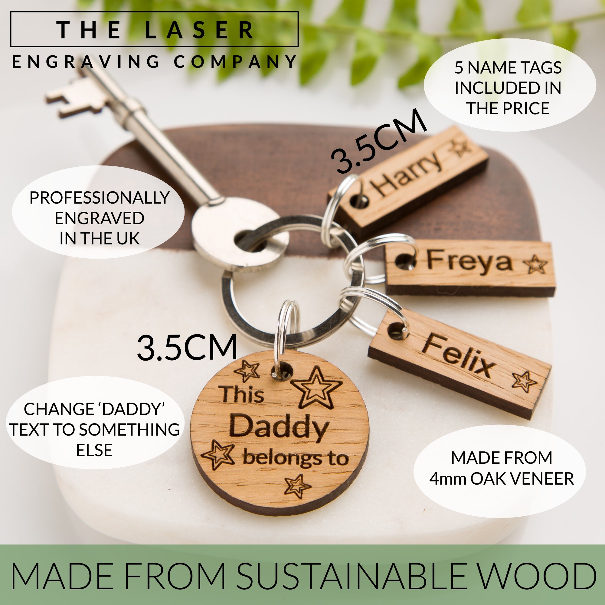 Personalised 'This Daddy Belongs To...' Wooden Oak Keyring