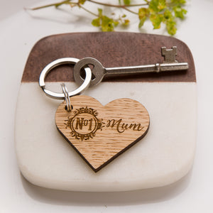 'No.1 Mum' Wooden Oak Heart Keyring