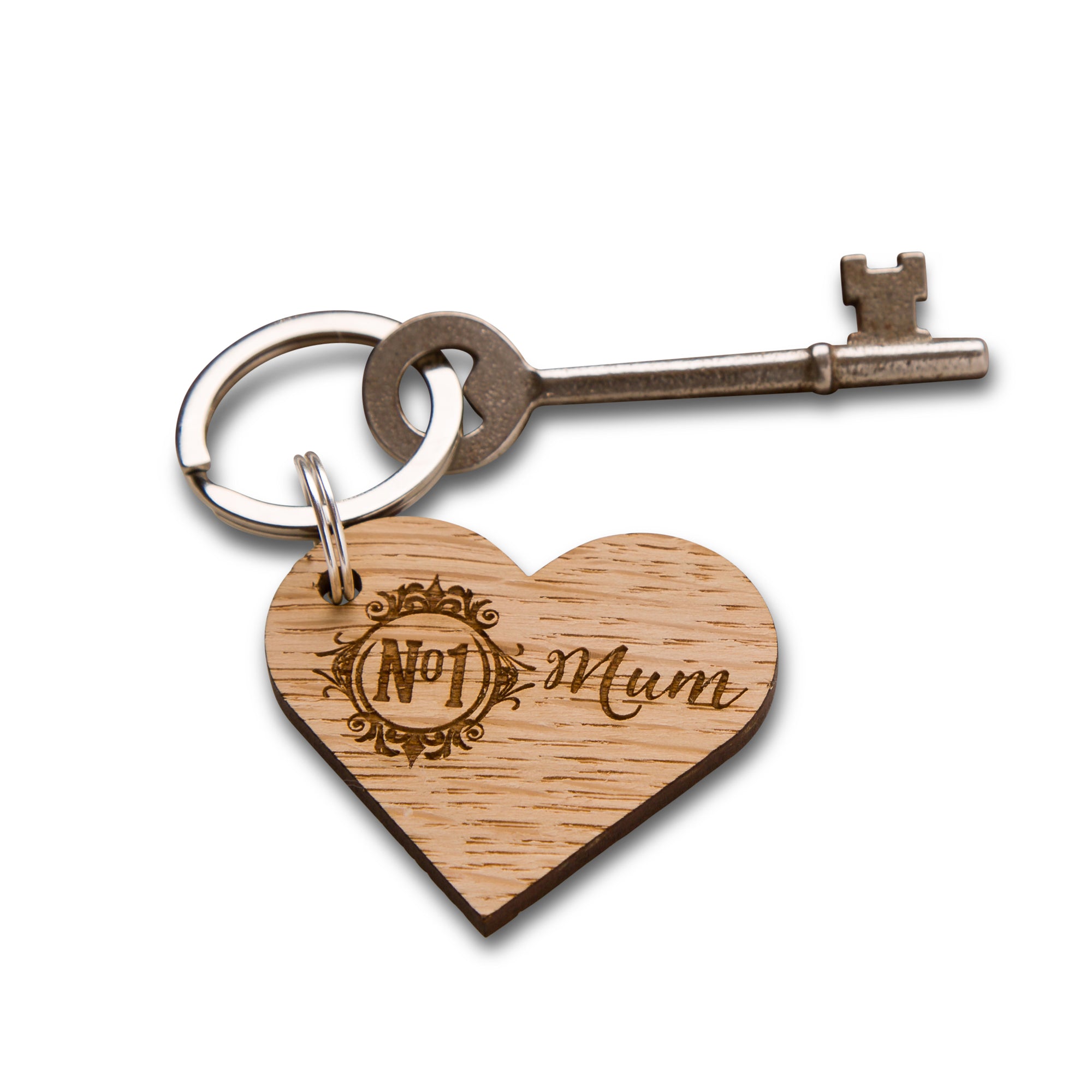 'No.1 Mum' Wooden Oak Heart Keyring