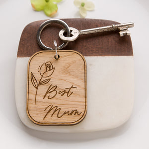 Floral Best Mum Floral Wooden Oak Keyring