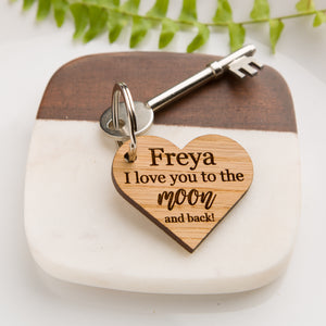 Personalised 'I love you to the moon and back' Wooden Oak Heart Keyring