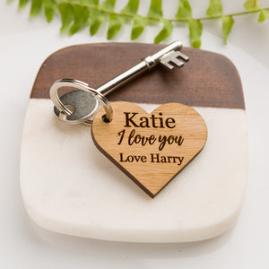 Personalised 'I Love You' Wooden Oak Heart Keyring