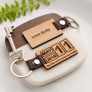 Personalised Oak Calendar Date Keyring - Vintage - PU Vegan Leather