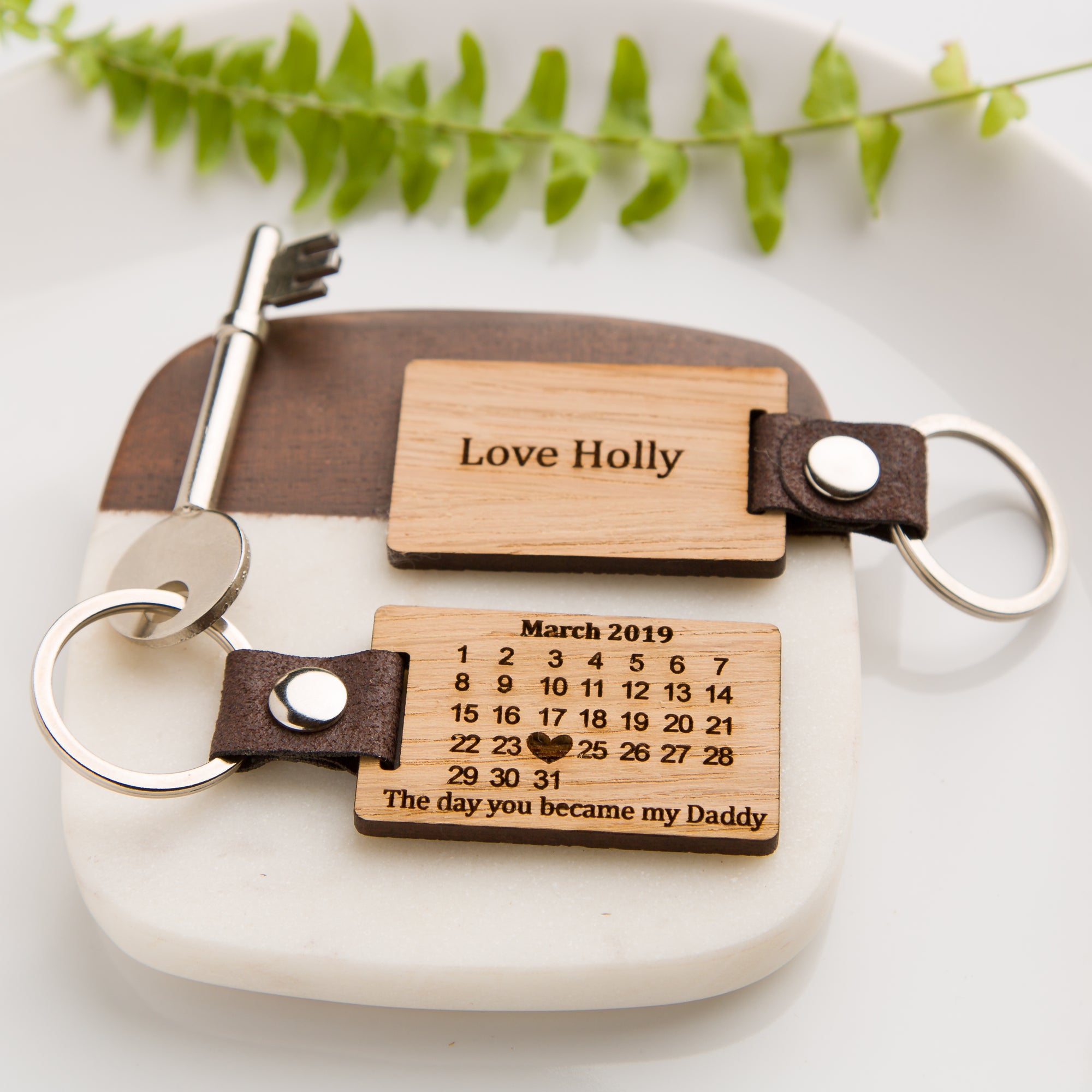 Personalised Oak Calendar Date Keyring PU Vegan Leather