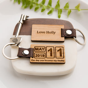 Personalised Oak Calendar Date Keyring - Vintage - PU Vegan Leather