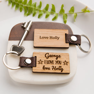 Personalised 'I Love You' Wooden Keyring PU Vegan Leather