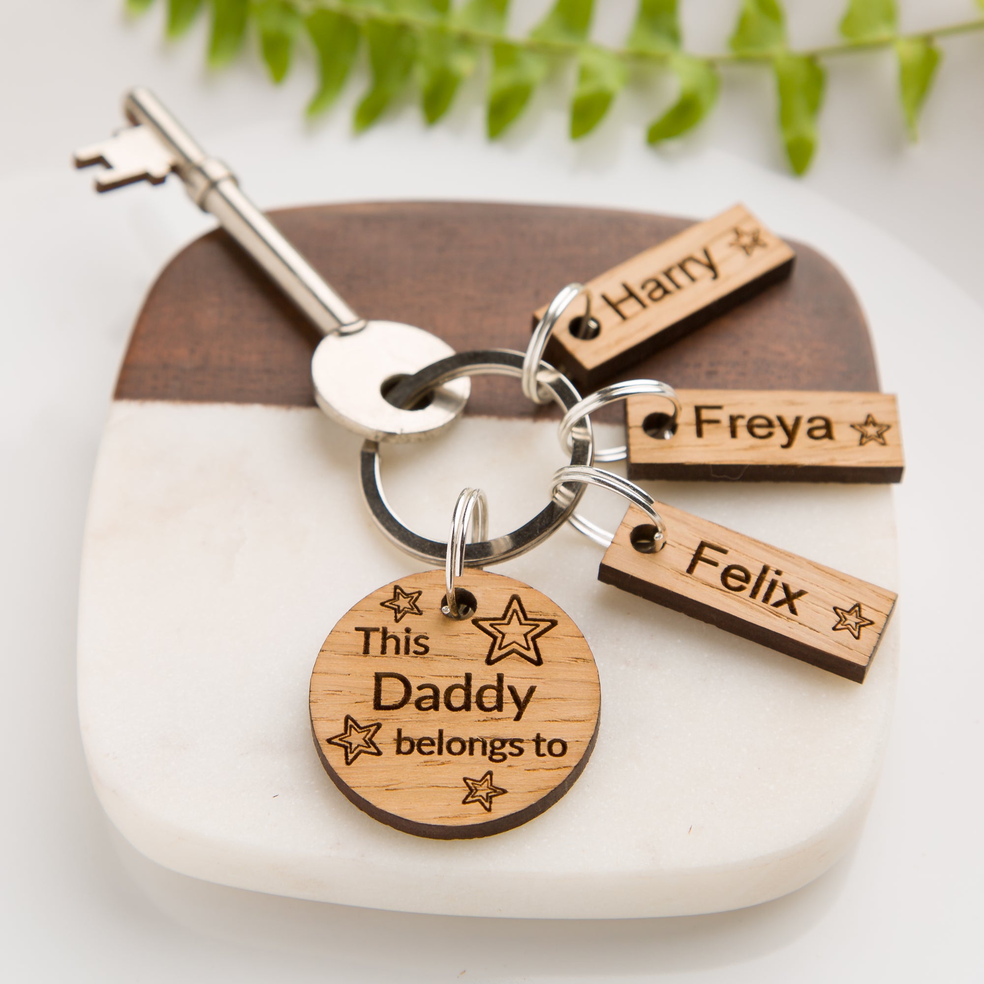 Personalised 'This Daddy Belongs To...' Wooden Oak Keyring