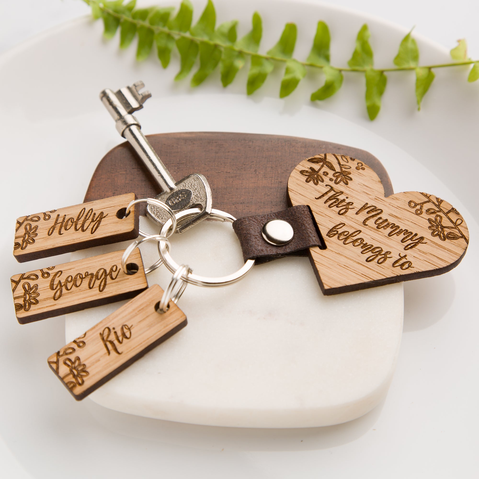 Personalised Botanical Vegan Leather 'This Mummy Belongs To…' Wooden Oak Keyring