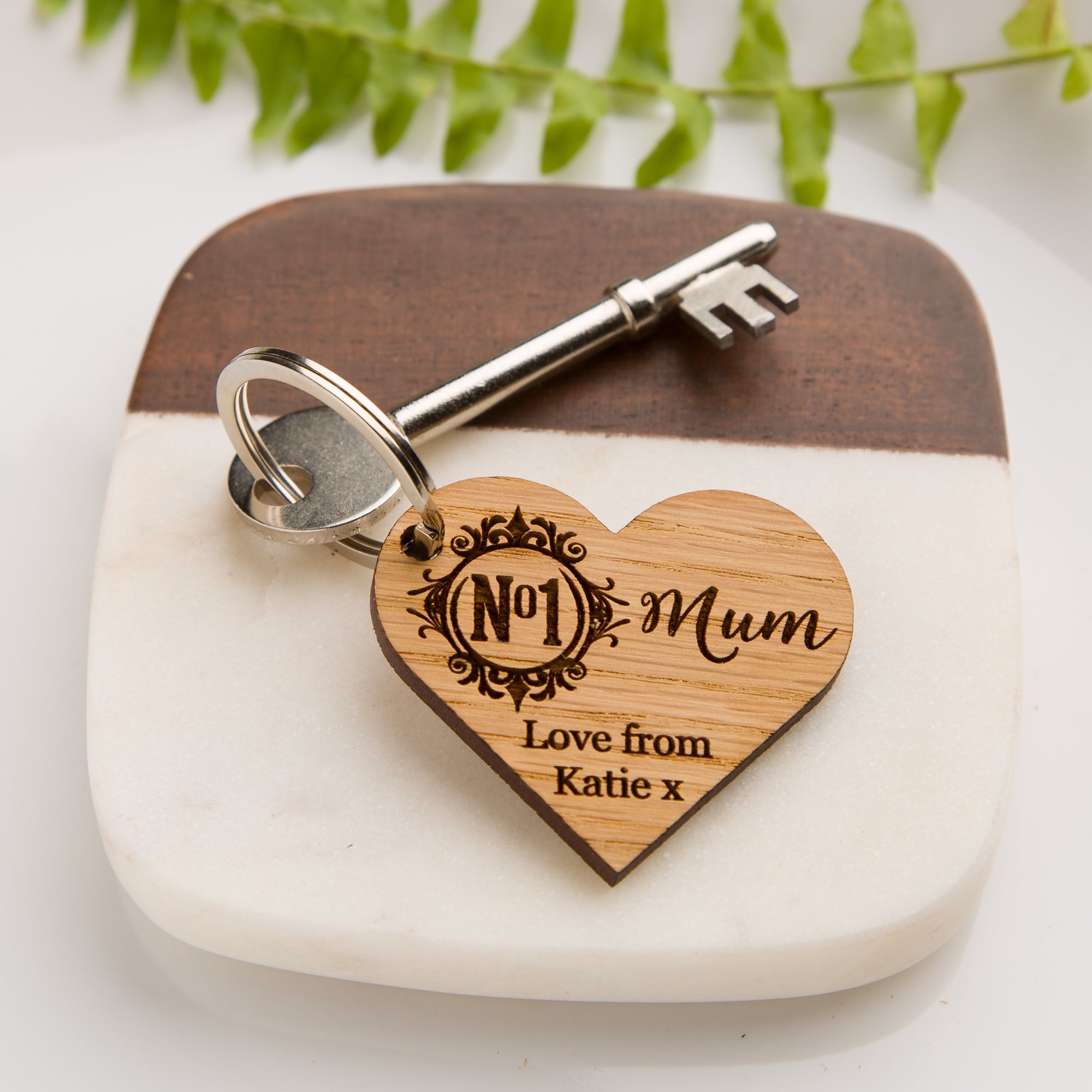 Personalised 'No 1 Mum' Wooden Oak Heart Keyring