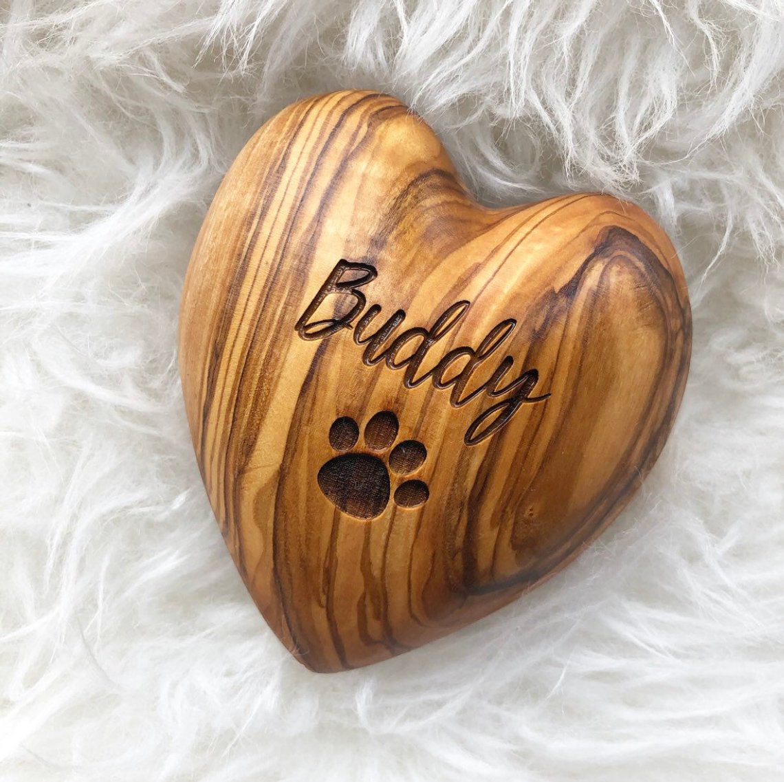 Pet Memorial Olive Wooden Heart, Dog or Cat Paw Print, Pet Sympathy