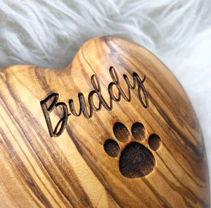 Pet Memorial Olive Wooden Heart, Dog or Cat Paw Print, Pet Sympathy